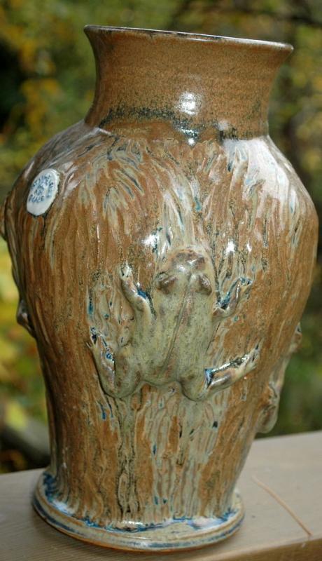 Stoneware Textured Climbing Frog Vase Signed M. Madsen & Elaine W / made with Mount Saint Helen's Ash Glaze