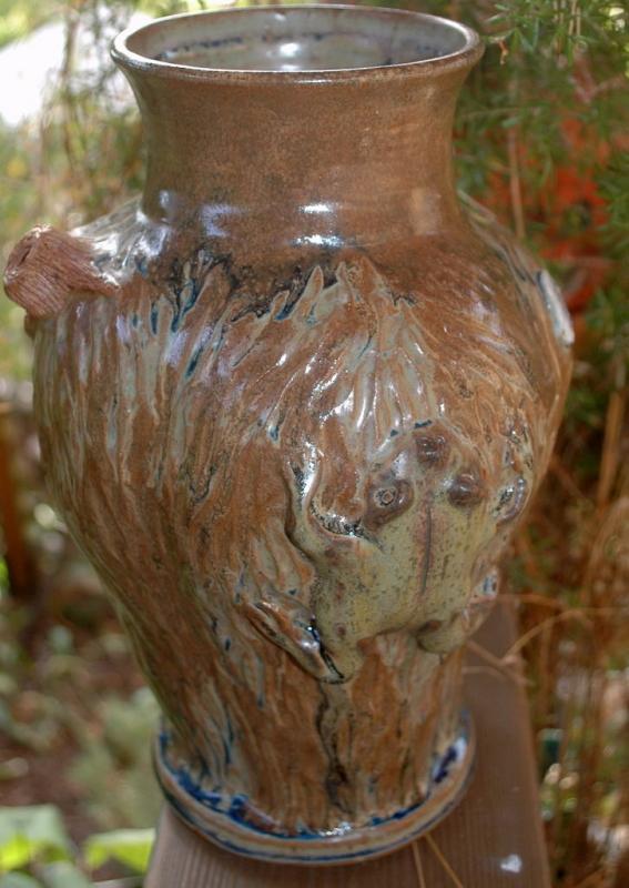 Stoneware Textured Climbing Frog Vase Signed M. Madsen & Elaine W / made with Mount Saint Helen's Ash Glaze