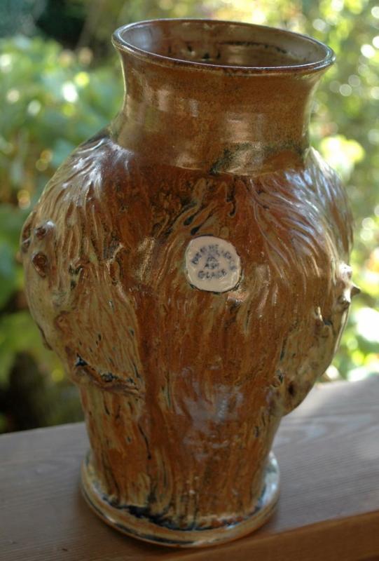 Stoneware Textured Climbing Frog Vase Signed M. Madsen & Elaine W / made with Mount Saint Helen's Ash Glaze