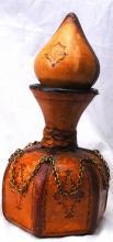 Hand Tooled Leather Wrapped Hexagonal Glass Decanter , Italian with Moorish Top