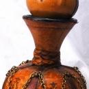 Hand Tooled Leather Wrapped Hexagonal Glass Decanter , Italian with Moorish Top