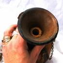 Hand Tooled Leather Wrapped Hexagonal Glass Decanter , Italian with Moorish Top
