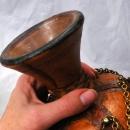Hand Tooled Leather Wrapped Hexagonal Glass Decanter , Italian with Moorish Top