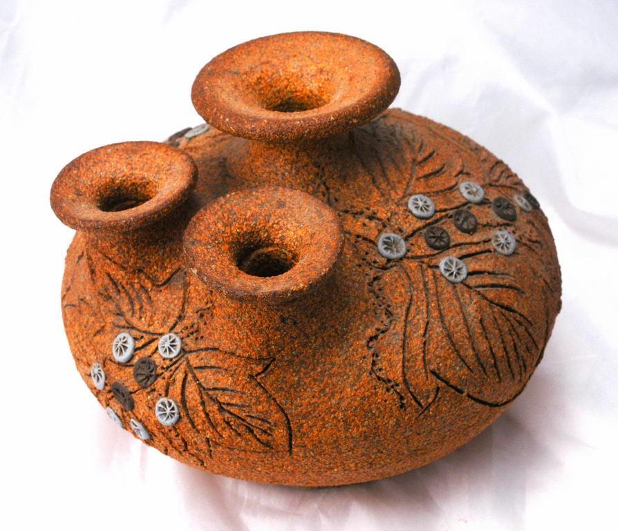 3 Neck Pottery Vase Signed Carma