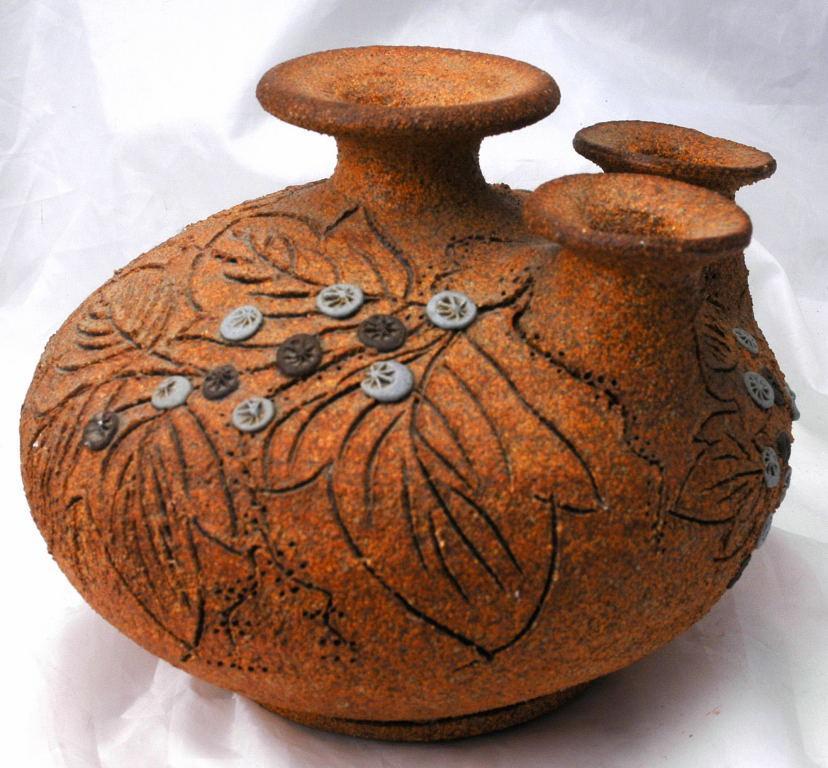 3 Neck Pottery Vase Signed Carma