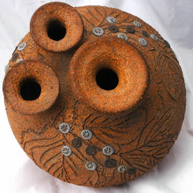 3 Neck Pottery Vase Signed Carma