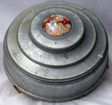 Round Victorian Aluminum Lidded Dresser Box Porcelian Hunting Scene and Depression Glass Insert