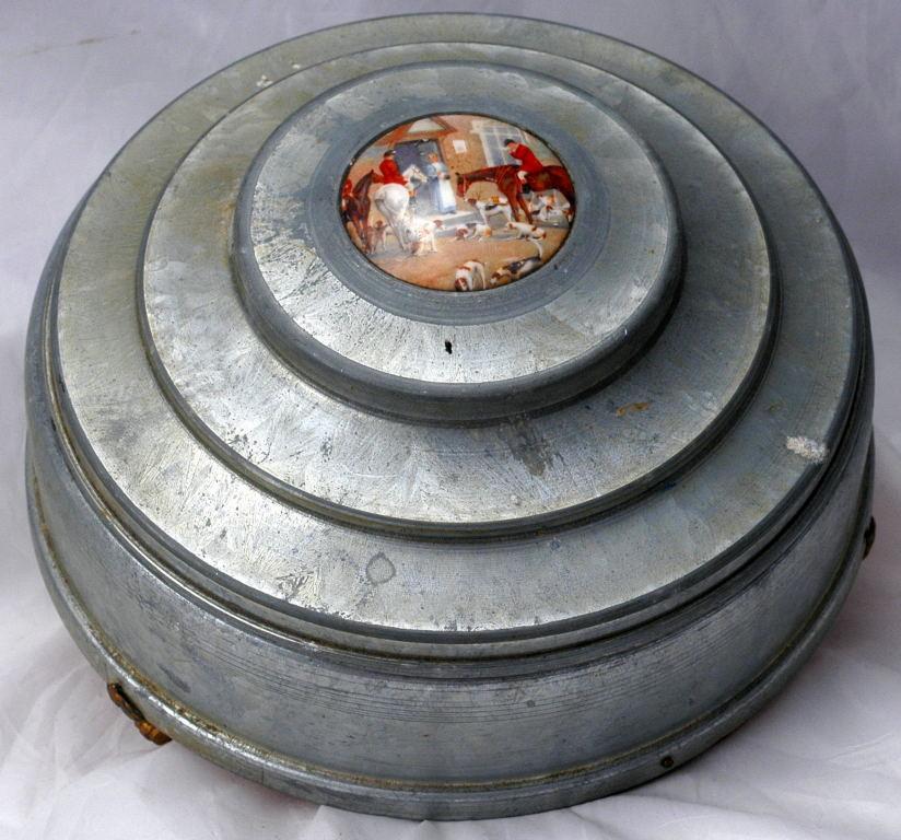 Round Victorian Aluminum Lidded Dresser Box Porcelian Hunting Scene and Depression Glass Insert
