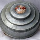 Round Victorian Aluminum Lidded Dresser Box Porcelian Hunting Scene and Depression Glass Insert