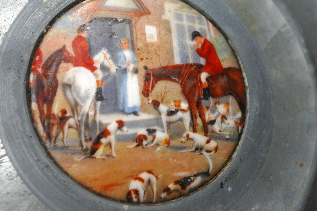 Round Victorian Aluminum Lidded Dresser Box Porcelian Hunting Scene and Depression Glass Insert