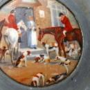 Round Victorian Aluminum Lidded Dresser Box Porcelian Hunting Scene and Depression Glass Insert