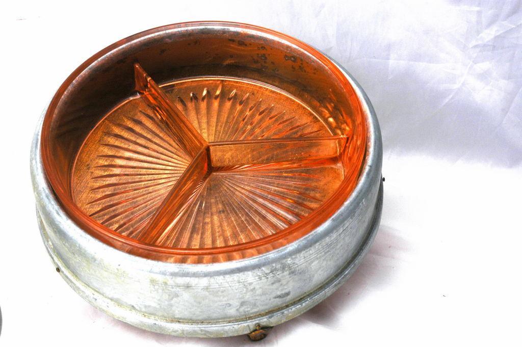 Round Victorian Aluminum Lidded Dresser Box Porcelian Hunting Scene and Depression Glass Insert