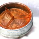 Round Victorian Aluminum Lidded Dresser Box Porcelian Hunting Scene and Depression Glass Insert
