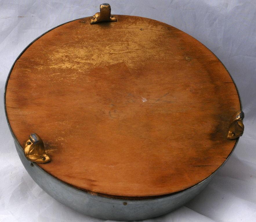 Round Victorian Aluminum Lidded Dresser Box Porcelian Hunting Scene and Depression Glass Insert