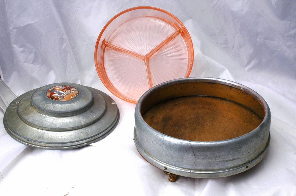 Round Victorian Aluminum Lidded Dresser Box Porcelian Hunting Scene and Depression Glass Insert