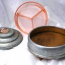 Round Victorian Aluminum Lidded Dresser Box Porcelian Hunting Scene and Depression Glass Insert