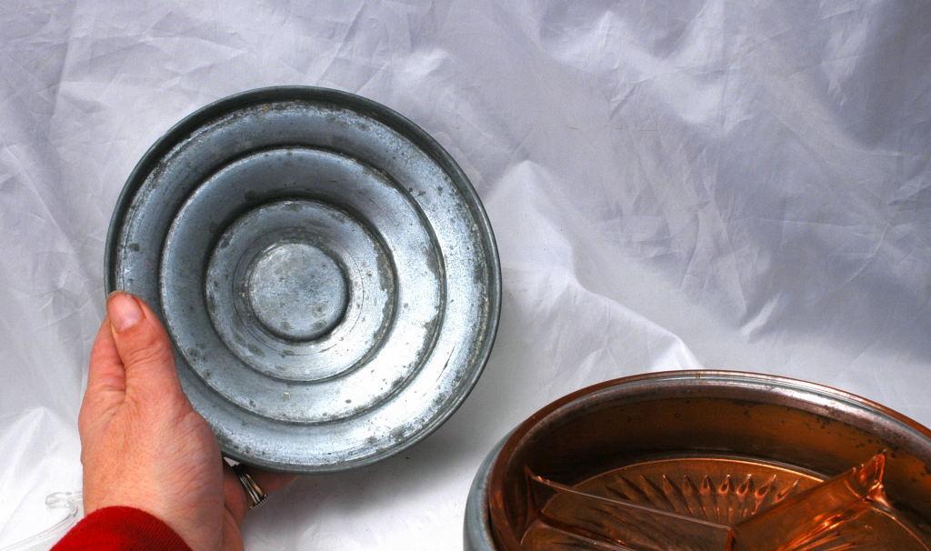 Round Victorian Aluminum Lidded Dresser Box Porcelian Hunting Scene and Depression Glass Insert