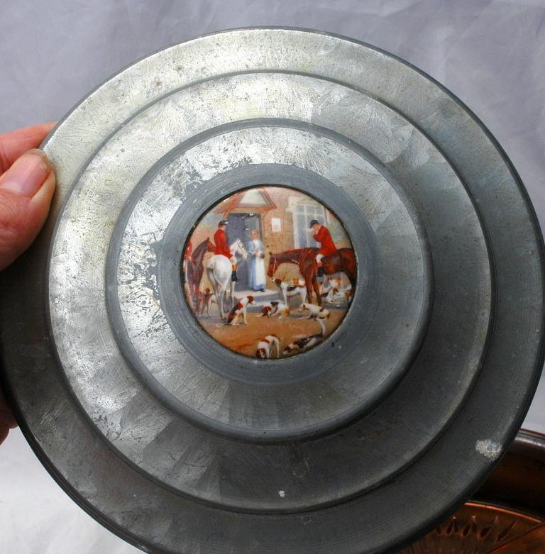 Round Victorian Aluminum Lidded Dresser Box Porcelian Hunting Scene and Depression Glass Insert