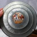 Round Victorian Aluminum Lidded Dresser Box Porcelian Hunting Scene and Depression Glass Insert