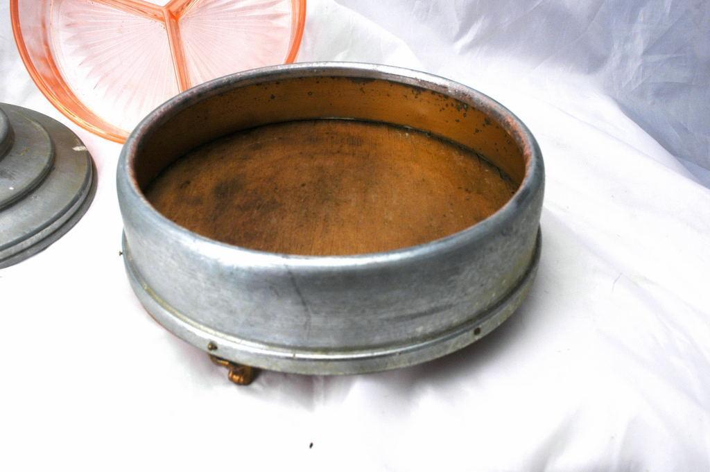 Round Victorian Aluminum Lidded Dresser Box Porcelian Hunting Scene and Depression Glass Insert