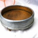 Round Victorian Aluminum Lidded Dresser Box Porcelian Hunting Scene and Depression Glass Insert