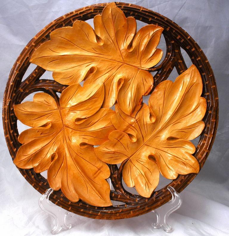Hand Carved Tramp Art Wood Carving Oak Leaf Plate, Wall Decor