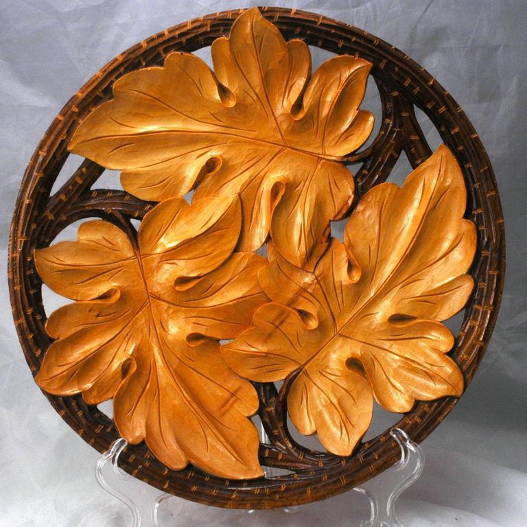 Hand Carved Tramp Art Wood Carving Oak Leaf Plate, Wall Decor