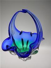Hand Blown Glass Basket ROYAL GALLERY ART GLASS BLUE/GREEN BASKET - MADE IN CZECH REPUBLIC