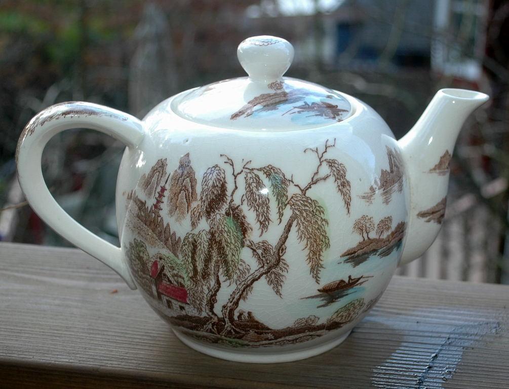 Brown Polychrome Transferware Musical Teapot / Chinoiserie