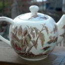 Brown Polychrome Transferware Musical Teapot / Chinoiserie