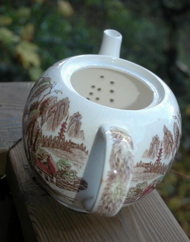 Brown Polychrome Transferware Musical Teapot / Chinoiserie