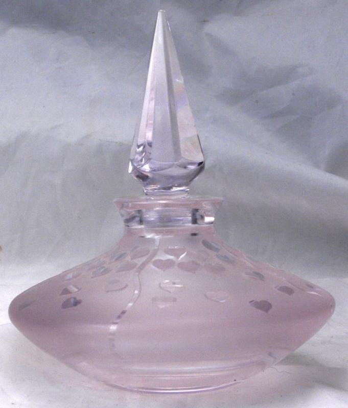 Crystal Pink with Hearts Perfume Bottle, Hand Blown Crystal Signed Ponder 1991