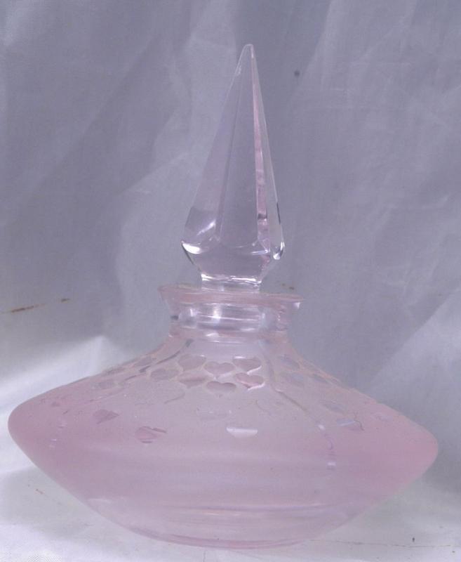 Crystal Pink with Hearts Perfume Bottle, Hand Blown Crystal Signed Ponder 1991