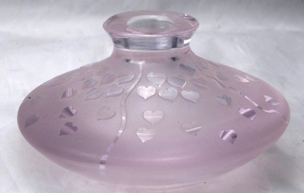 Crystal Pink with Hearts Perfume Bottle, Hand Blown Crystal Signed Ponder 1991