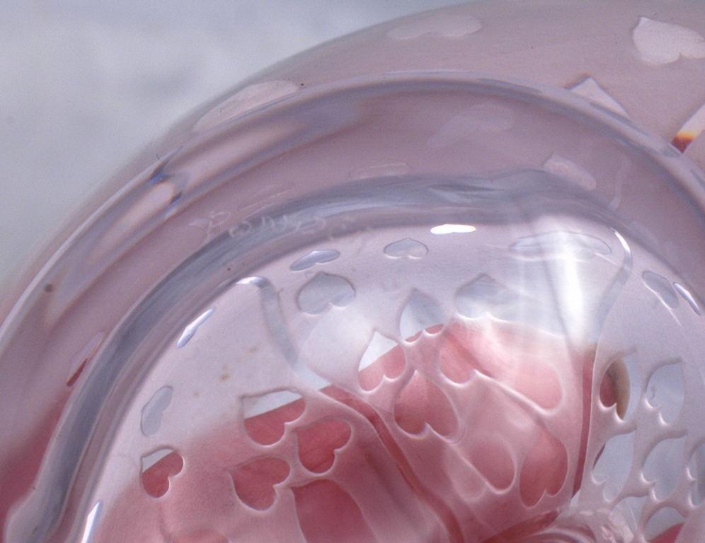 Crystal Pink with Hearts Perfume Bottle, Hand Blown Crystal Signed Ponder 1991