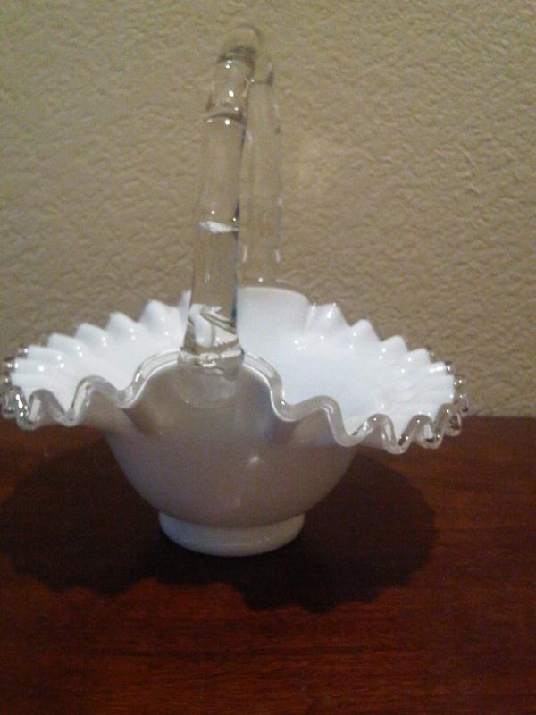 Fenton Glass SilverCrest Crimped Edge Rope Handle Basket 7.5