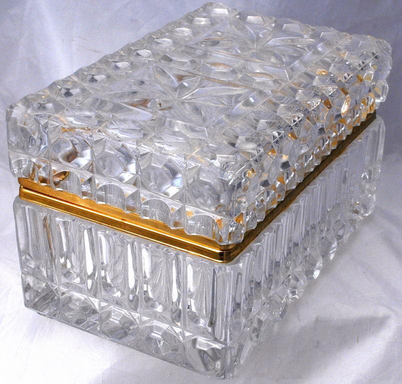 Large heavily cut crystal box or casket with hinged lid and Ormolu Mounts.