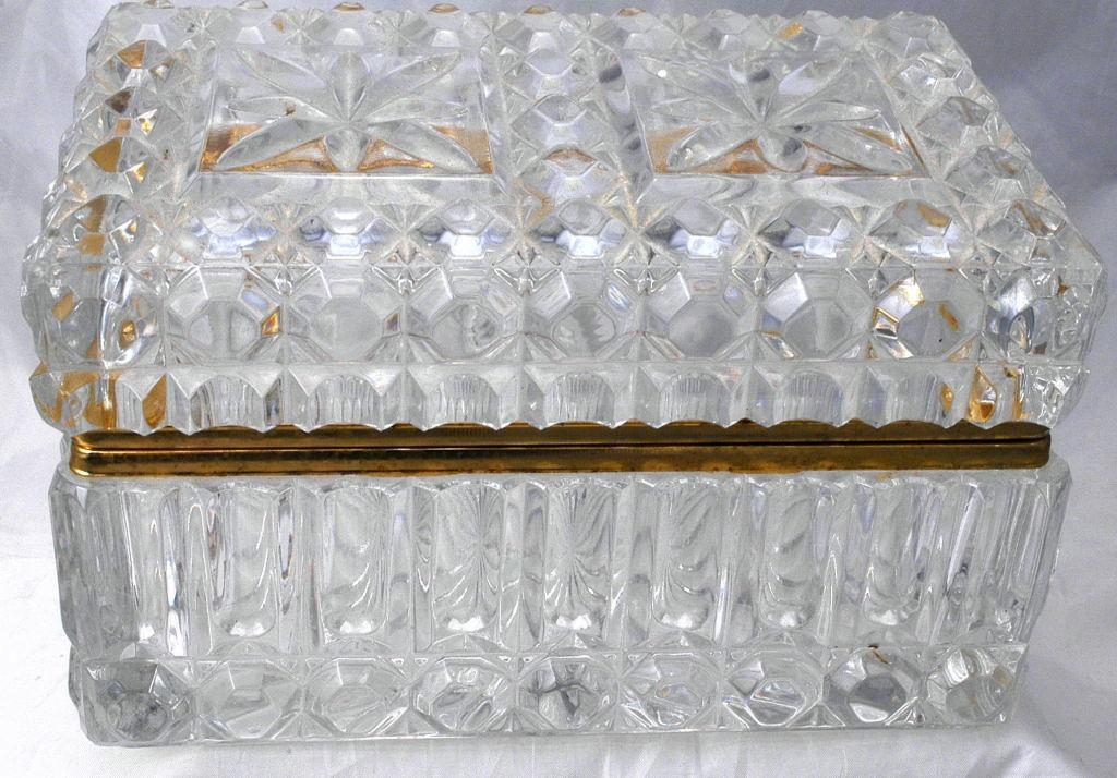 Large heavily cut crystal box or casket with hinged lid and Ormolu Mounts.