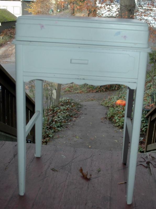 Old Wooden Sewing Stand Chest, White Milk Paint Shabby Chic