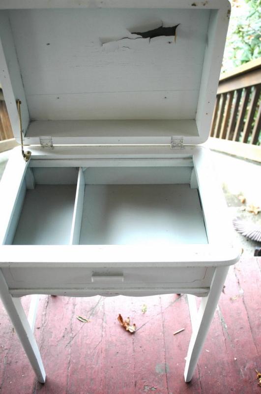 Old Wooden Sewing Stand Chest, White Milk Paint Shabby Chic