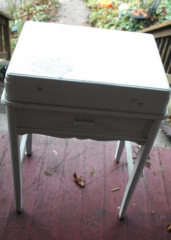 Old Wooden Sewing Stand Chest, White Milk Paint Shabby Chic