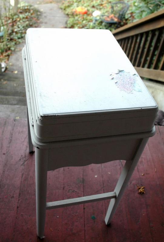Old Wooden Sewing Stand Chest, White Milk Paint Shabby Chic