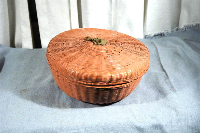 Old Chinese Sewing Basket Round with brass Chinese Character Finial Top PRICE REDUCTION!**