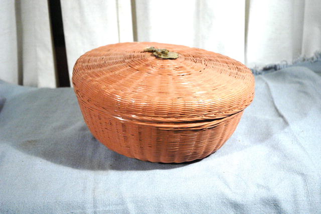Old Chinese Sewing Basket Round with brass Chinese Character Finial Top PRICE REDUCTION!**