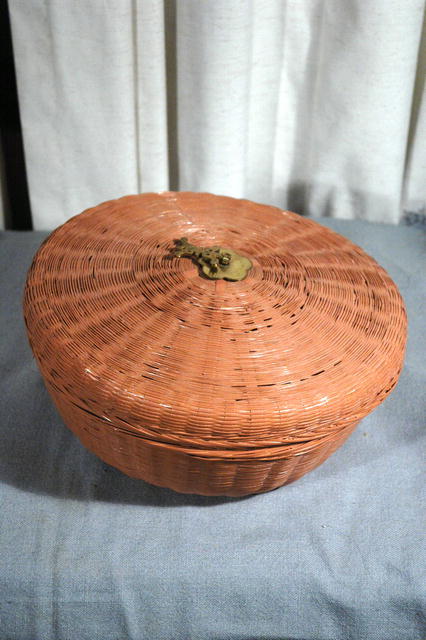 Old Chinese Sewing Basket Round with brass Chinese Character Finial Top PRICE REDUCTION!**