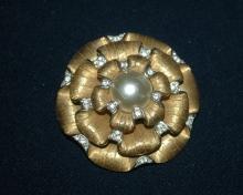 RARE ! Boucher Large Flower Brooch, Gold Petals, White Rhinestone Mabe Pearl Center