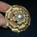 RARE ! Boucher Large Flower Brooch, Gold Petals, White Rhinestone Mabe Pearl Center