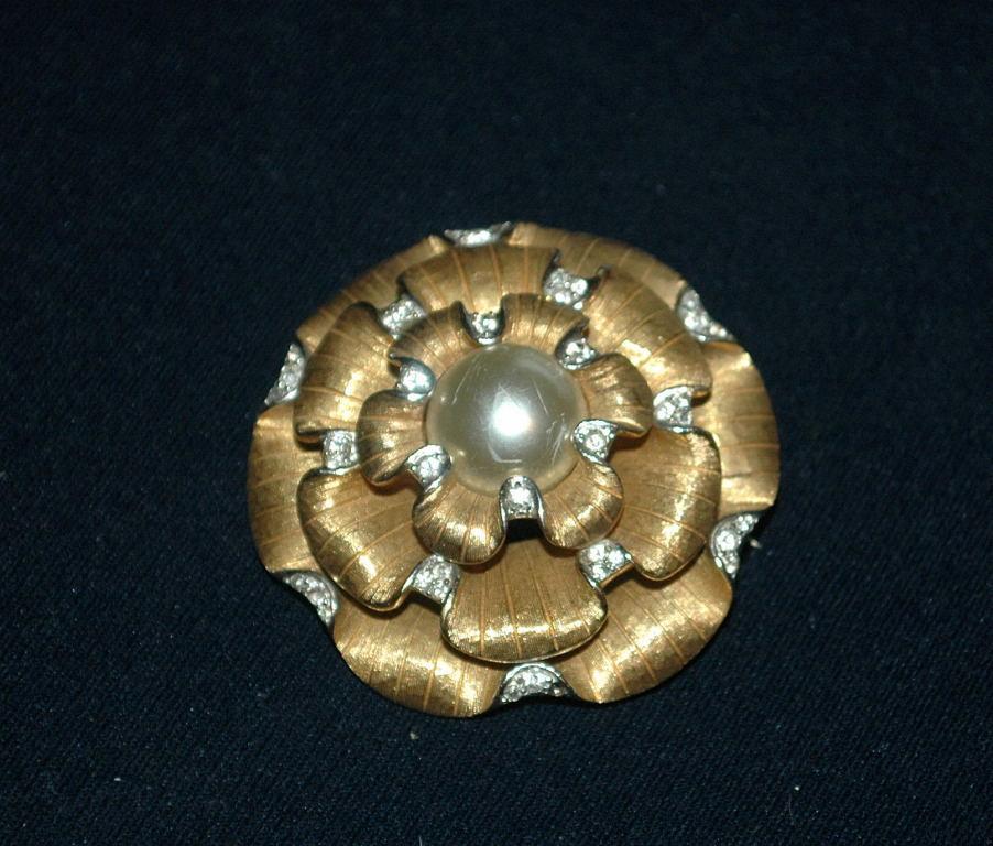 RARE ! Boucher Large Flower Brooch, Gold Petals, White Rhinestone Mabe Pearl Center