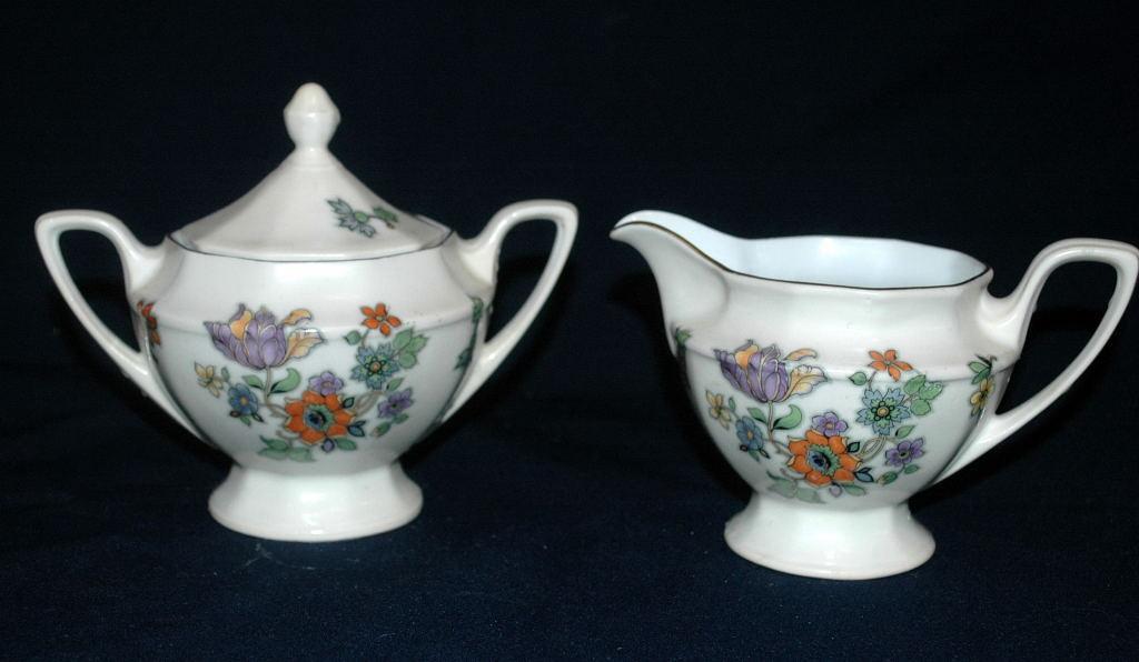 Zeh Scherzer Bavaria Porcelian Footed Sugar Bowl and Creamer Hand painted flowers