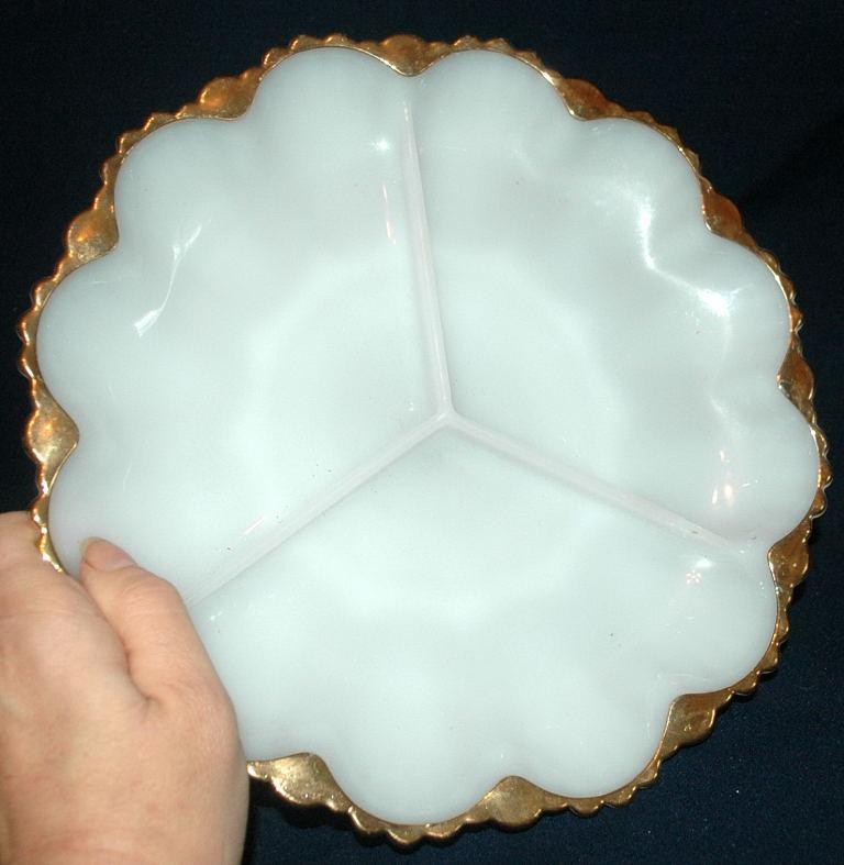 VINTAGE ANCHOR HOCKING Round White Milk Glass w/Gold Trim Divided 3-Section Dish
